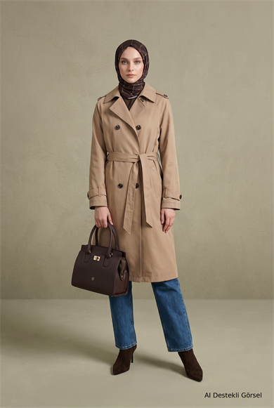 Klasik Yaka Belden Kuşaklı Çift Cepli 101 Cm Boy Trenckot Camel 26KT728 