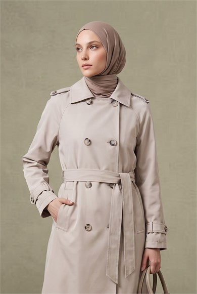 Klasik Yaka Belden Kuşaklı Çift Cepli 101 Cm Boy Trenckot Taş 26KT728 