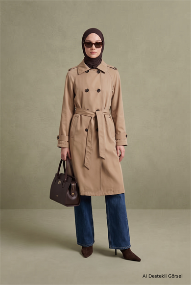 Klasik Yaka Belden Kuşaklı Çift Cepli 101 Cm Boy Trenckot Camel 26KT728 