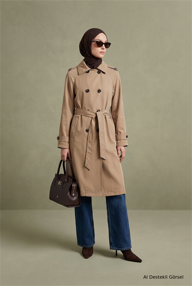 Klasik Yaka Belden Kuşaklı Çift Cepli 101 Cm Boy Trenckot Camel 26KT728 