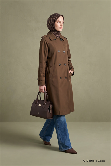 Klasik Yaka Belden Kuşaklı Çift Cepli 101 Cm Boy Trenckot Latte 26KT728 