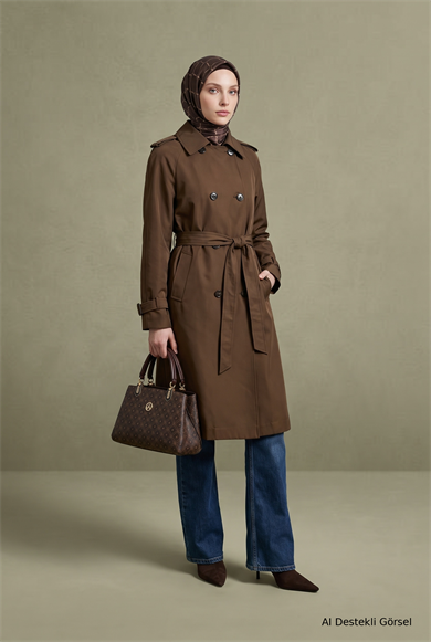 Klasik Yaka Belden Kuşaklı Çift Cepli 101 Cm Boy Trenckot Latte 26KT728 