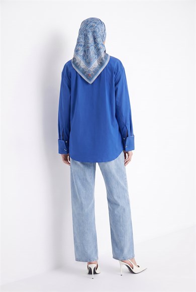 Doğal Kumaş  Gizli Patlı Tam Boy Düğmeli Oversize Basic Gömlek İndigo 26YT304