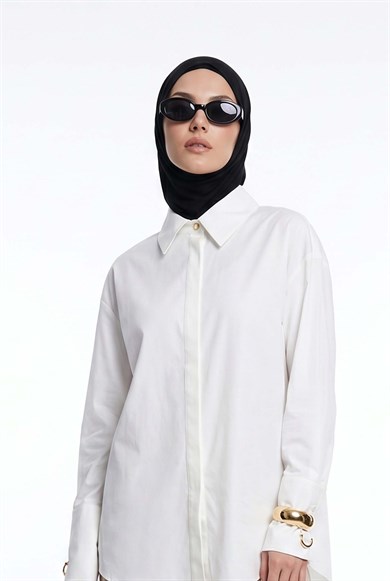 Doğal Kumaş  Gizli Patlı Tam Boy Düğmeli Oversize Basic Gömlek Ekru 26YT304