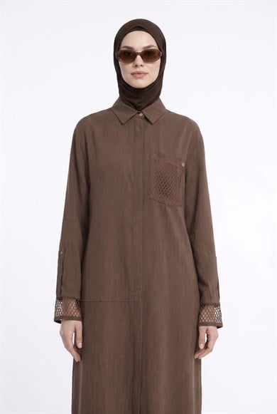 Kol ve Cep File Detaylı Gizli Düğmeli Tunik Kahverengi 26YT458