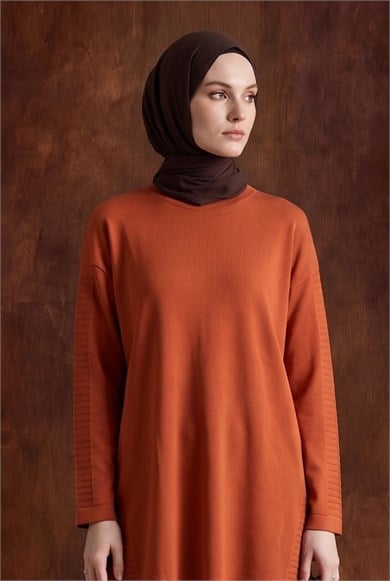 Kolları Çizgi Detaylı Uzun Triko Tunik Şeftali 25YTD4117