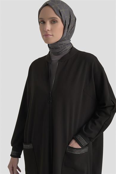 Kolları Ribanalı Boydan Fermuarlı Cepli Giy Çık Siyah 25KT557