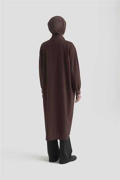 Kolları Ribanalı Boydan Fermuarlı Cepli Giy Çık Kahverengi 25KT557