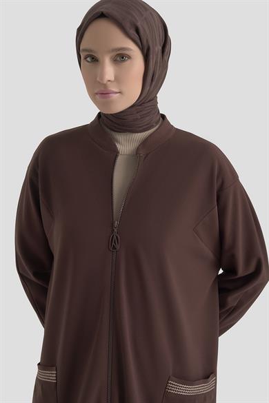 Kolları Ribanalı Boydan Fermuarlı Cepli Giy Çık Kahverengi 25KT557