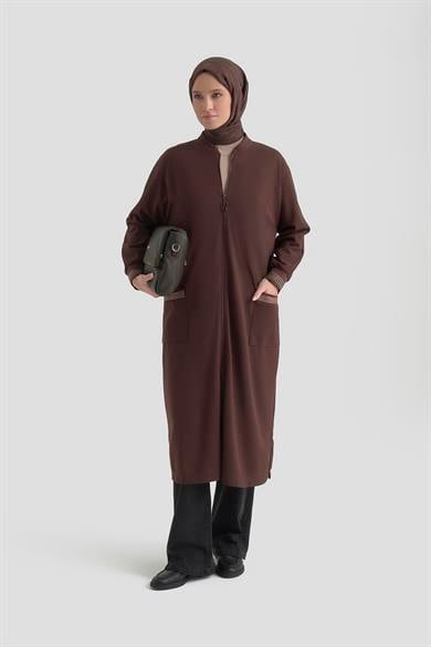 Kolları Ribanalı Boydan Fermuarlı Cepli Giy Çık Kahverengi 25KT557