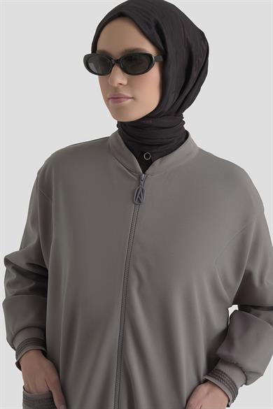 Kolları Ribanalı Boydan Fermuarlı Cepli Giy Çık Gri 25KT557