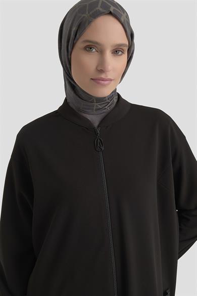 Kolları Ribanalı Boydan Fermuarlı Cepli Giy Çık Siyah 25KT557