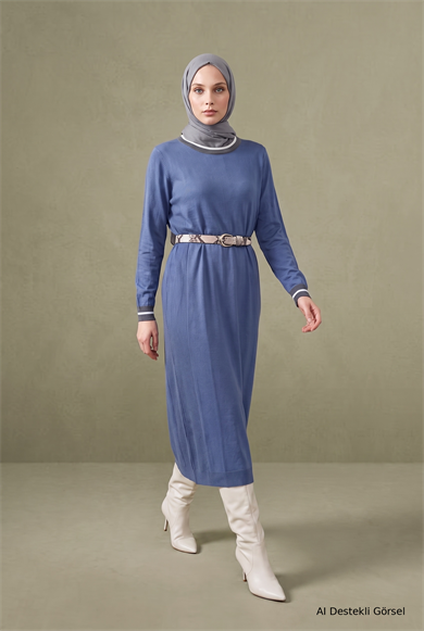 Kontrast Şerit Detaylı Uzun Triko Elbise İndigo 22KD4243