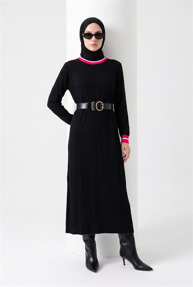 Kontrast Şerit Detaylı Uzun Triko Elbise Siyah 22KD4243