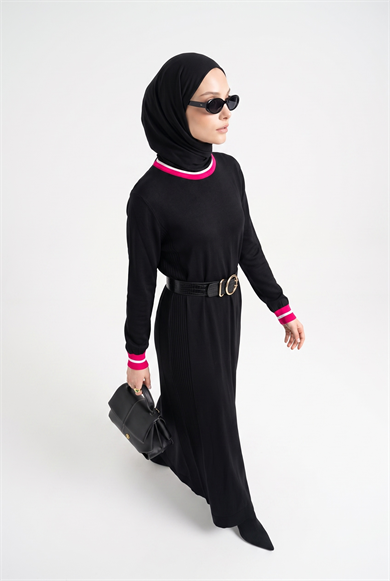 Kontrast Şerit Detaylı Uzun Triko Elbise Siyah 22KD4243