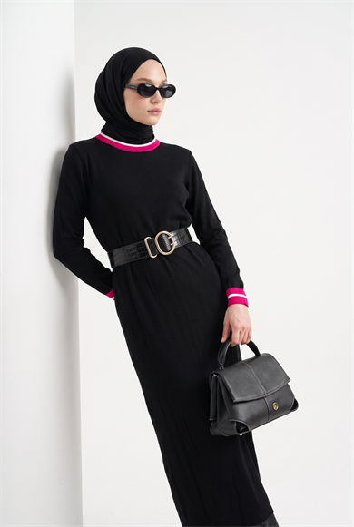 Kontrast Şerit Detaylı Uzun Triko Elbise Siyah 22KD4243
