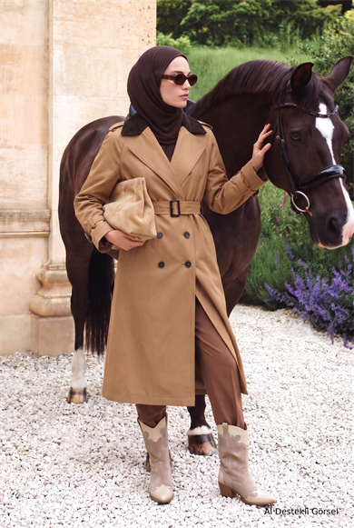 Kontrast Yaka Belden Kemerli Yandan Cepli Kap 125 Cm Boy Camel 26KT713