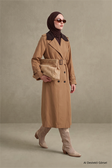 Kontrast Yaka Belden Kemerli Yandan Cepli Kap 125 Cm Boy Camel 26KT713