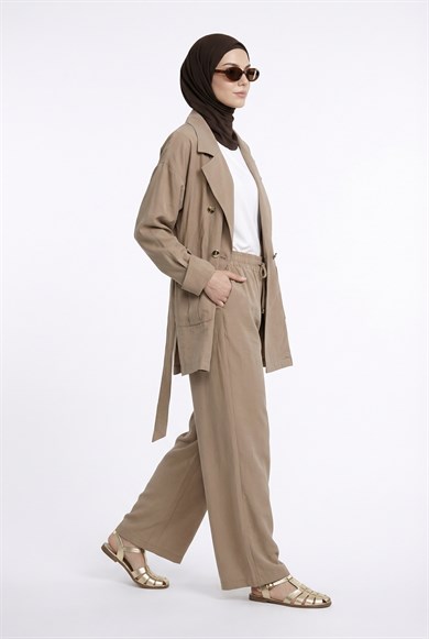 Kruvaze Ceketli Belden Kuşaklı Pantolonlu İkili Takım Bej 26YTD6113