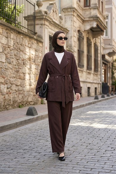 Kruvaze Ceketli Belden Kuşaklı Pantolonlu İkili Takım Mürdüm 26YTD6113