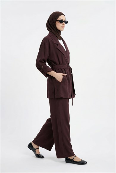 Kruvaze Ceketli Belden Kuşaklı Pantolonlu İkili Takım Mürdüm 26YTD6113