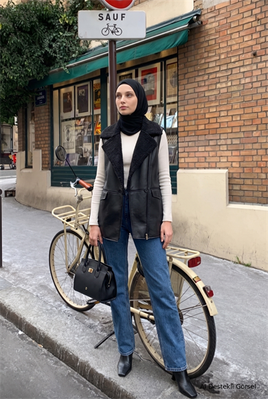 Kürklü Yaka Yandan Cepli Yelek 86 Cm Boy Siyah 26KT549