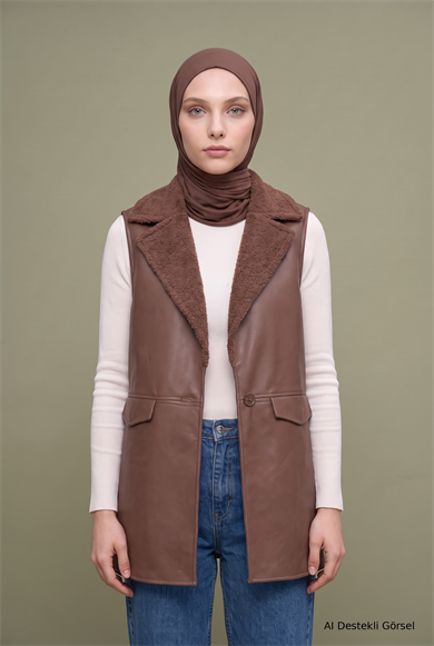 Kürklü Yaka Yandan Cepli Yelek 86 Cm Boy Taba 26KT549