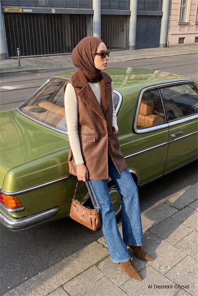 Kürklü Yaka Yandan Cepli Yelek 86 Cm Boy Taba 26KT549