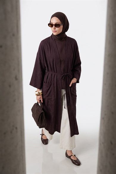 Kuşaklı Cepli Uzun Tesettür Kimono Kahverengi 26YA511