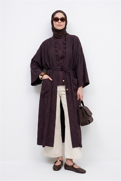 Kuşaklı Cepli Uzun Tesettür Kimono Kahverengi 26YA511