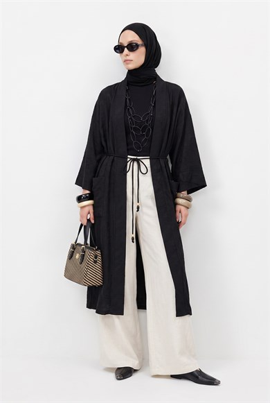 Kuşaklı Cepli Uzun Tesettür Kimono Siyah 26YA511