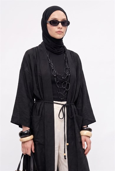 Kuşaklı Cepli Uzun Tesettür Kimono Siyah 26YA511