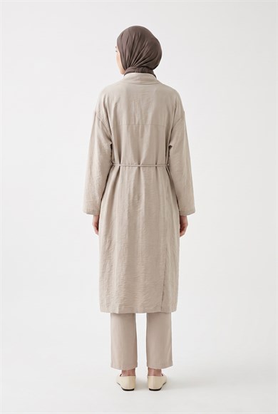 Kuşaklı Cepli Uzun Tesettür Kimono Taş 26YA511