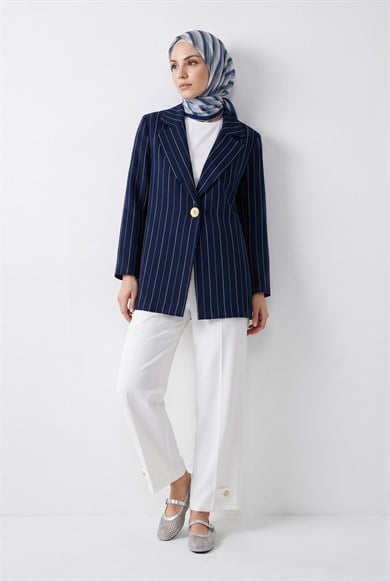 Lacivert İnce Çizgili Blazer Pantolonlu İkili Takım Lacivert 26YT643