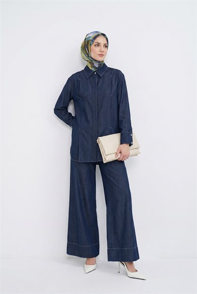 Lacivert Tensel Denim Gömlek ve Pantolonlu İkili Takım Lacivert 26YT6104