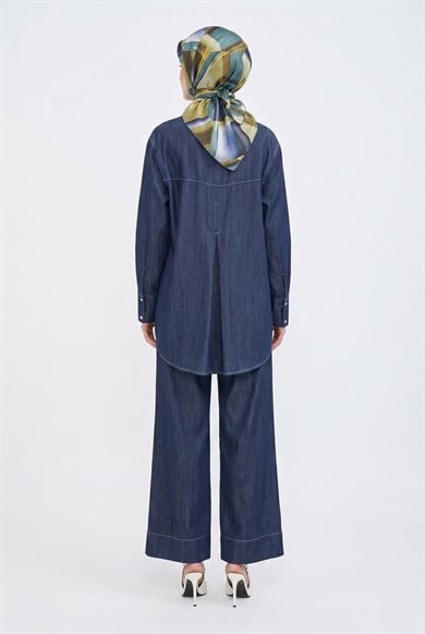 Lacivert Tensel Denim Gömlek ve Pantolonlu İkili Takım Lacivert 26YT6104