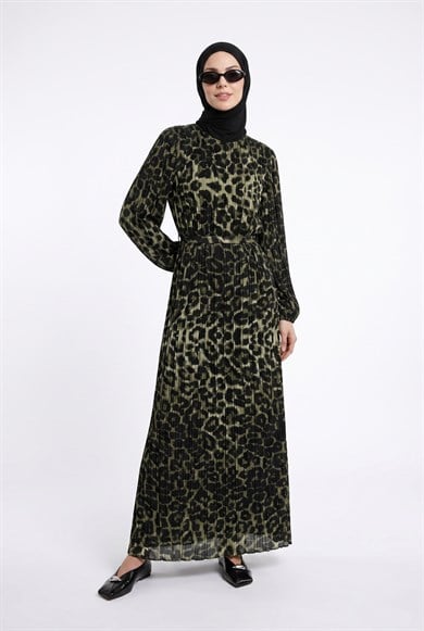 Leopar Desenli Şifon Elbise Siyah 24KT907