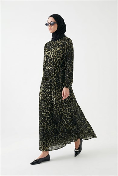 Leopar Desenli Şifon Elbise Siyah 24KT907