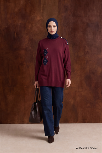Omuz Düğme Detaylı Bisiklet Yaka Baklava Desenli Tunik 81 Cm Boy Bordo 26KTD420
