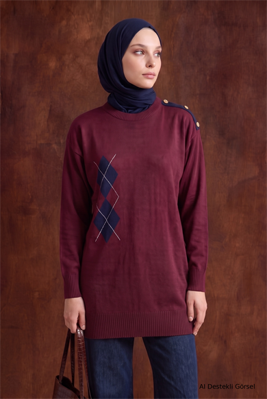 Omuz Düğme Detaylı Bisiklet Yaka Baklava Desenli Tunik 81 Cm Boy Bordo 26KTD420