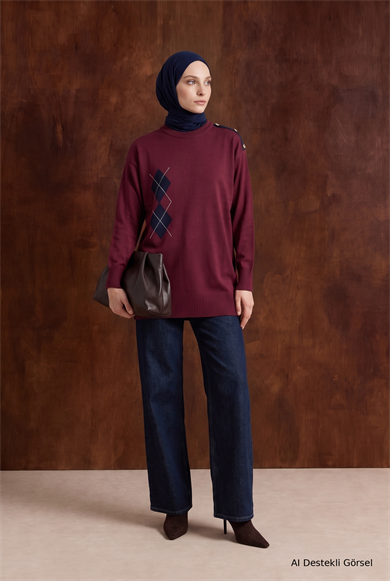Omuz Düğme Detaylı Bisiklet Yaka Baklava Desenli Tunik 81 Cm Boy Bordo 26KTD420