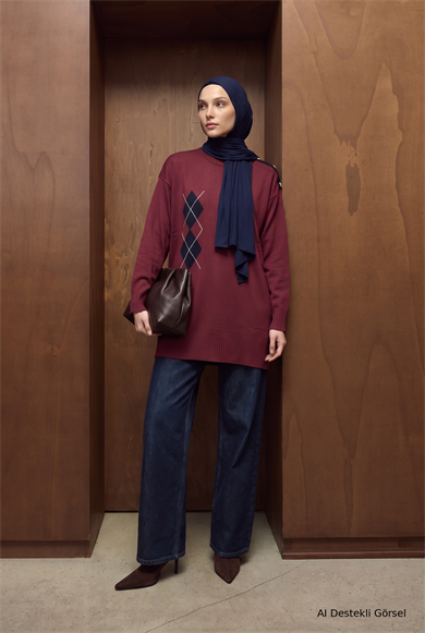 Omuz Düğme Detaylı Bisiklet Yaka Baklava Desenli Tunik 81 Cm Boy Bordo 26KTD420
