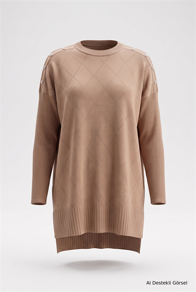 Omuzları Düğme Detaylı Triko Tunik Latte 24KTD407