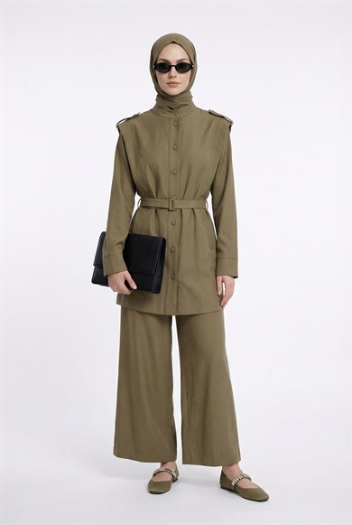Omzu Allerli Kemerli Cepli Pantolonlu İkili Takım Yeşil 26YT636