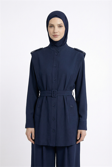 Omzu Allerli Kemerli Cepli Pantolonlu İkili Takım İndigo 26YT636