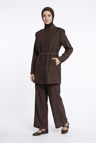 Omzu Allerli Kemerli Cepli Pantolonlu İkili Takım Kahverengi 26YT636