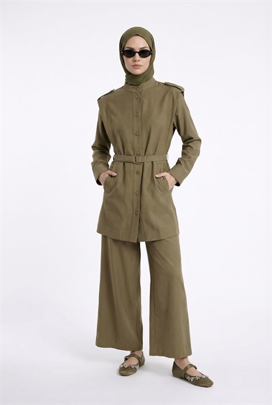 Omzu Allerli Kemerli Cepli Pantolonlu İkili Takım Yeşil 26YT636