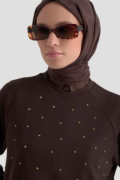 Önü Taş İşlemeli Tunik Kahverengi 25KT449