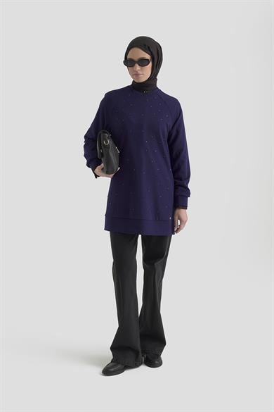 Önü Taş İşlemeli Tunik Morcivert 25KT449