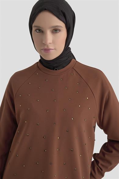 Önü Taş İşlemeli Tunik Taba 25KT449